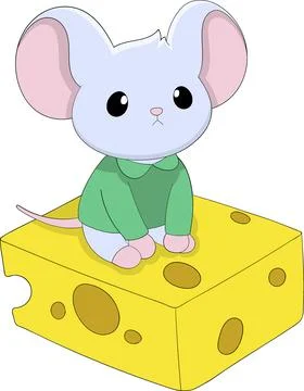 Cute mouse is sitting out from big cheese flakes to eat Stock Illustration