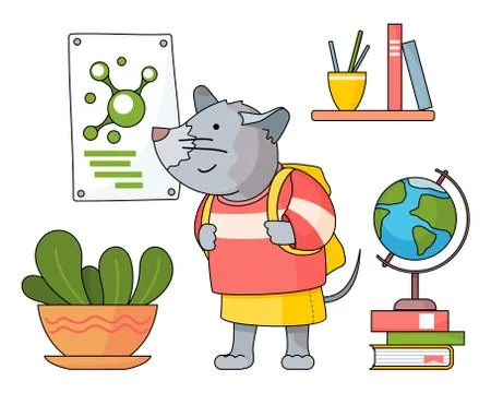 Cute mouse student with backpack near plant in pot, poster, book shelf, globe Illustrazione stock