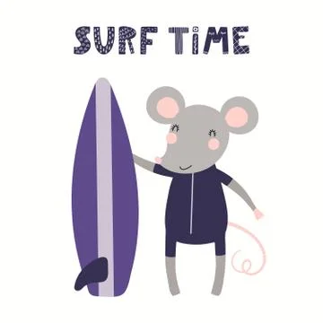 Cute mouse surfer in summer Stock Illustration