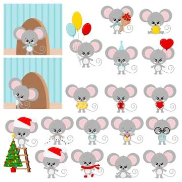Cute mouse vector set isolated on white background - flat design cartoon char Stock Illustration