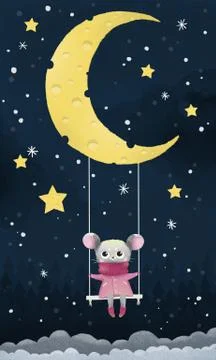 Cute mouse winter blue forest background, moon made of cheese, 2020 happy new Stock Illustration