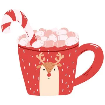 Cute mug with marshmallows and candy cane in cartoon style. Hand drawn vector Stock Illustration