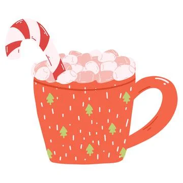 Cute mug with marshmallows and candy cane in cartoon style. Hand drawn vector Stock Illustration