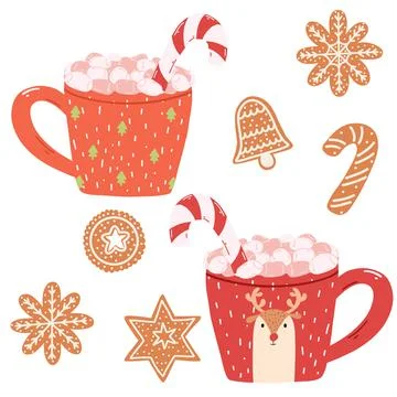 Cute mugs with marshmallows, candy cane and gingerbread cookies in cartoon st Stock Illustration