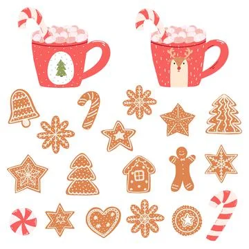Cute mugs with marshmallows, candy cane and gingerbread cookies in cartoon st Stock Illustration
