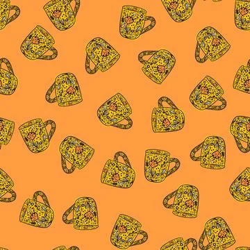 Cute mugs seamless pattern. Background of teatime. Stock Illustration