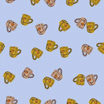 Cute mugs seamless pattern. Background of teatime. Stock Illustration