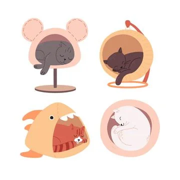 Cute multi-colored cats of different breeds sleep in cat houses. Tired little Stock Illustration