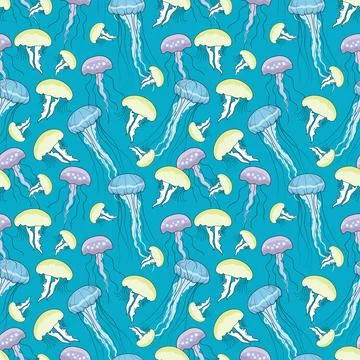 Cute multi-colored jellyfish seamless pattern design on blue Stock Illustration