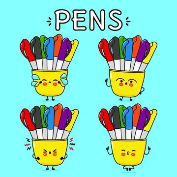 Cute Multi-colored pens characters set with playful expressions and actions.. Stock Illustration