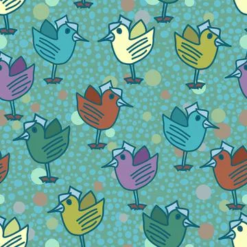 Cute Multicolor Bird Repeat Pattern On A Duck Egg Polka Dot Background Illustrazione stock