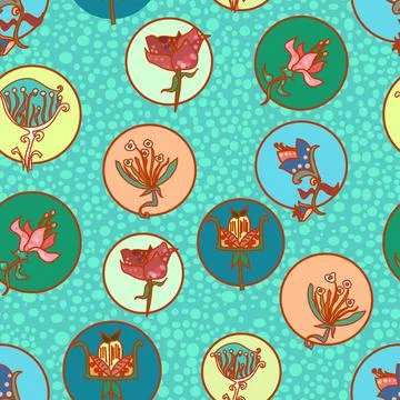 Cute Multicolor Flowers In Circles Pattern On A Dotted Blue Backdrop Stock Illustration