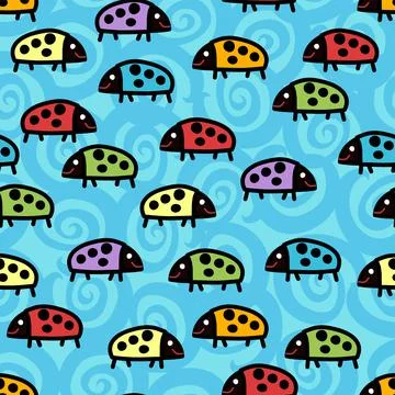 Cute Multicolor Smiling Ladybug Repeat Pattern On a swirly Blue Background Stock Illustration