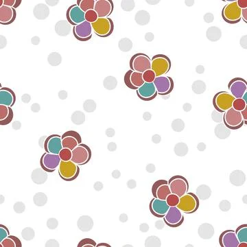 Cute multicolored flower art vector seamless repeat pattern on a polka dot wh Stock Illustration