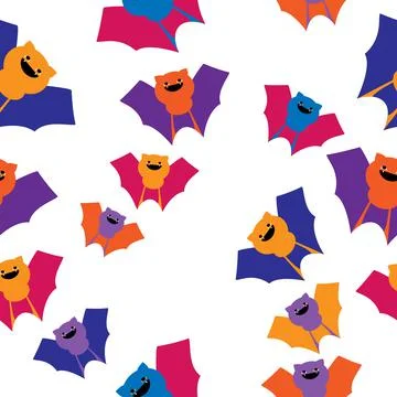 Cute multicolored vampire bats vector seamless pattern. Stock Illustration