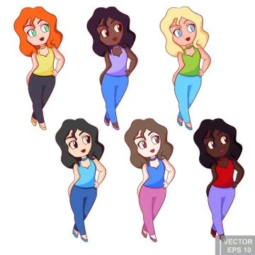 Cute multinational chubby plus size plump girls in cloth casual top jeans, be Stockillustratie