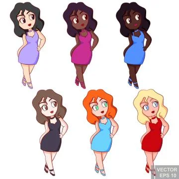 Cute multinational chubby plus size plump girls in dress, beautiful woman pos Ilustração Stock