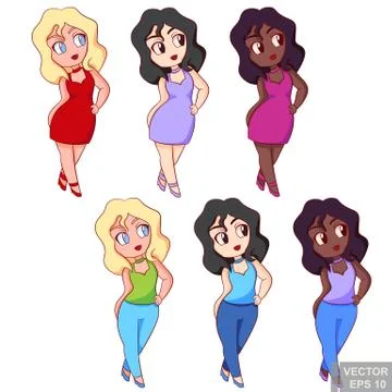 Cute multinational chubby plus size plump girls in dress and casual top jeans Иллюстрация