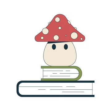 Cute mushroom character on books stack 2D cartoon object Illustrazione stock