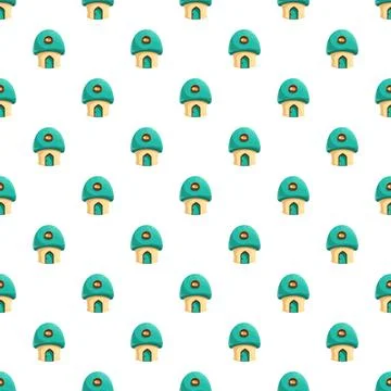 Cute mushroom house seamless pattern illustrating fairy tale living 库存插图