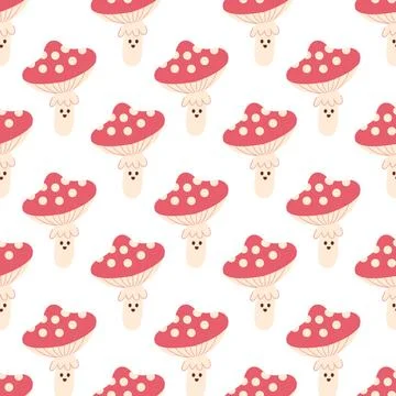 Cute Mushroom Seamless Pattern with Smiling Amanita Illustration Illustrazione stock