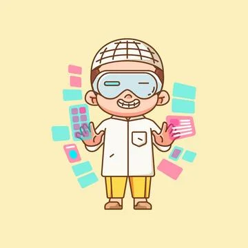 Cute muslim boy interact virtual reality glasses vr chibi kawaii character Stock Illustration
