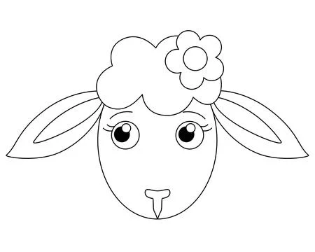 Cute muzzle of a cartoon sheep with a flower - a vector linear picture Stock Illustration