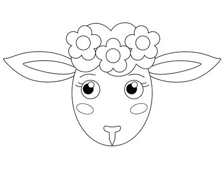 Cute muzzle of a cartoon sheep with a wreath - a vector linear picture Stock Illustration