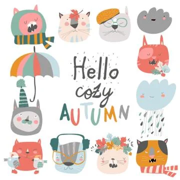 Cute muzzles cats with autumn elements. Hello autumn Stock Illustration