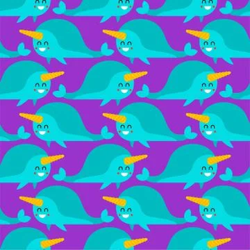 Cute Narwhal pattern seamless. Cartoon unicorn-fish child background. vector  Stock Illustration