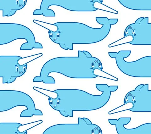 Cute narwhal pattern seamless. Cartoon small Arctic whale with horn backgroun Stock Illustration