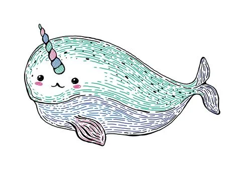 Cute Narwhal, unicorn-fish vector illustration Stock Illustration