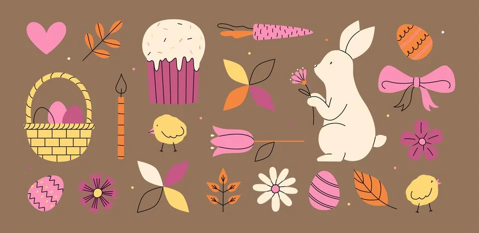 Cute natural set for Happy Easter. Rabbit, eggs, flowers and chicks. Trendy.. Stock Illustration