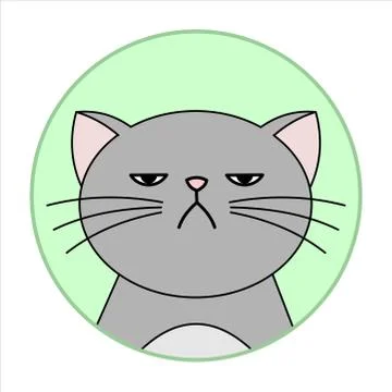 Cute Naughty, Grumpy Cat, Round Icon, Emoji. Gray Cat With A Whiskers Is Unha Illustrazione stock