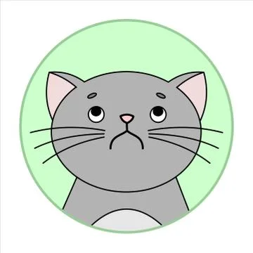 Cute Naughty, Grumpy Cat, Round Icon, Emoji. Perplexity, Discontent. Gray Cat Stock Illustration