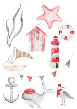 Cute nautical element collection 10 pcs whale, sea house, life buoy, starfish Stock Illustration