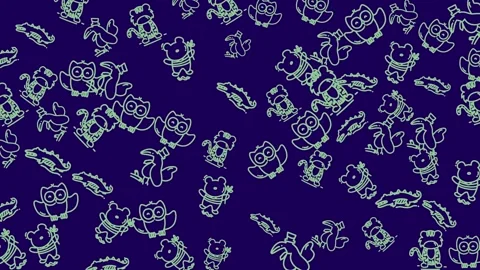 Cute neon animal pattern background with glowing owl and bear line art icons Stock Footage 344909181