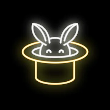 Cute neon rabbit appearing from magic hat icon Stock Illustration