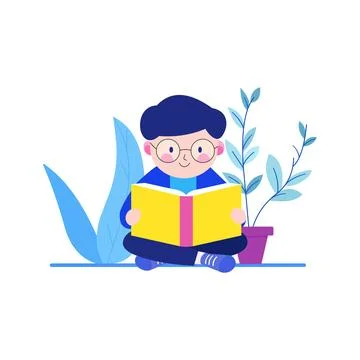 Cute Nerd Boy Wearing Glasses Sitting While Reading a Book with Smile Expre.. Stock Illustration