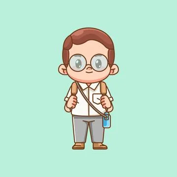 Cute nerd geek office workers happy kawaii chibi character mascot Stock Illustration