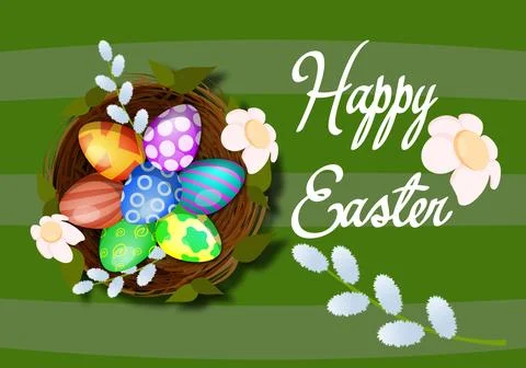 Cute nest with eggs for easter on a green background Stock Illustration