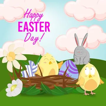 Cute nest with hatched chicks for easter day Stock Illustration