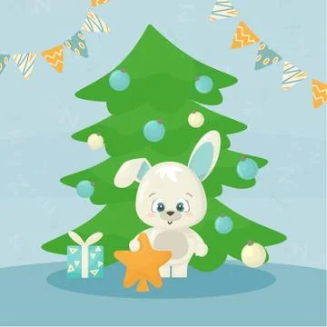 Cute new year 2021 vector card with happy white cartoon funny rabbit, green t Stock Illustration