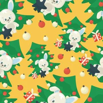 Cute new year 2021 vector seamless pattern with happy white cartoon funny rab Stock Illustration