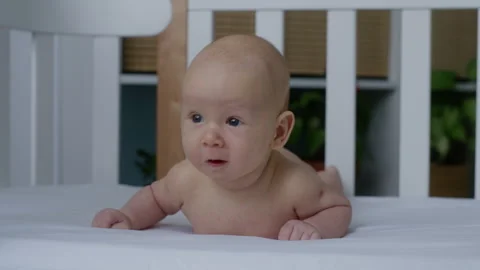 Cute newborn baby lying on the bed on his belly Stock Footage 306042212