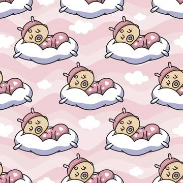 Cute Newborn Sleeping on Pillow Seamless Vector Pattern 스톡 일러스트