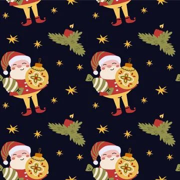 Cute night christmas elf pattern with candy, ornaments, stars on dark Stock Illustration