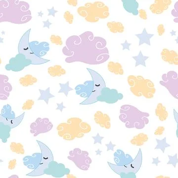 Cute night sky seamless pattern with colorful clouds and moon Stock Illustration