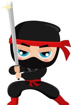 Cute Ninja Boy Warrior Cartoon Character With Katana Sword. Ready To Fight Stock Illustration