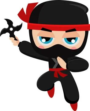 Cute Ninja Boy Warrior Cartoon Character Jumping With Shuriken Stock Illustration